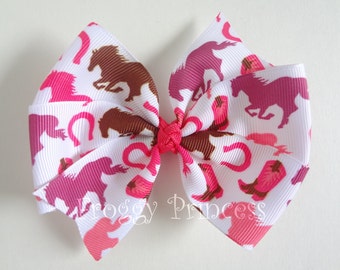 Wild Horses Bow - Pink and Brown Pinwheel Style - No Slip Velvet Grip Hair Clip