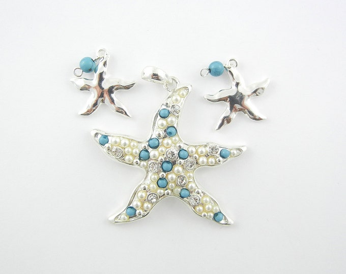 Set of Silver-tone Starfish Pendant and Charms Turquoise Cabochons Rhinestones