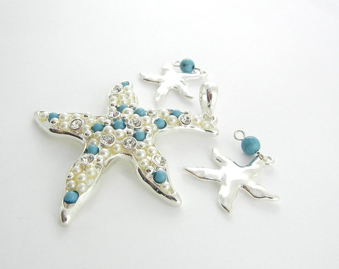 Set of Silver-tone Starfish Pendant and Charms Turquoise Cabochons Rhinestones