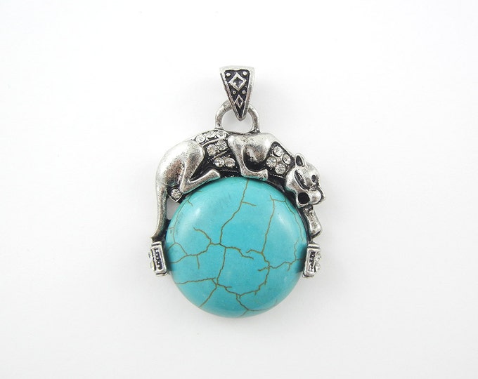 Art Deco Panther on Large Acrylic Turquoise Cabochon Pendant Antique Silver-tone
