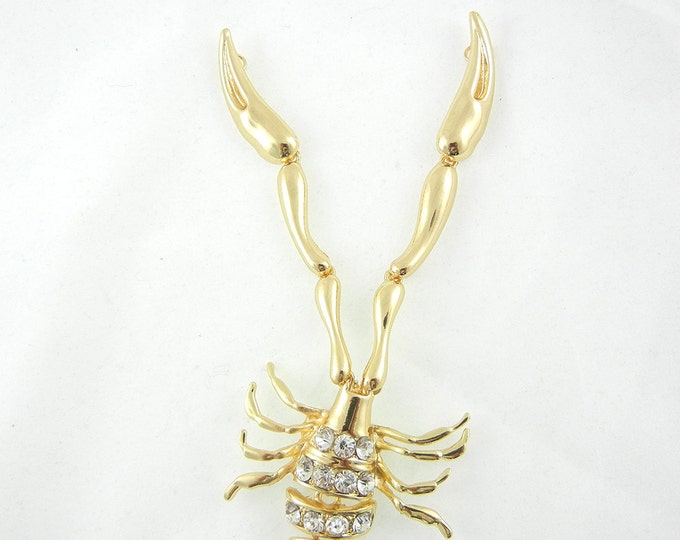 Huge Double Link Gold-tone Segmented Scorpion Tassle Pendant Rhinestones