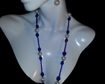 Blue Recycled Sea Glass and Pearl Necklace Set