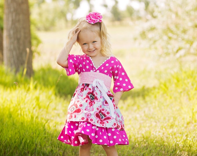 Pink Ruffle Dress - Little Girl Clothes - Toddler - Teen - Baby - Kimono - Birthday - Mothers Day - Spring - Sizes 12 mo to 14 years