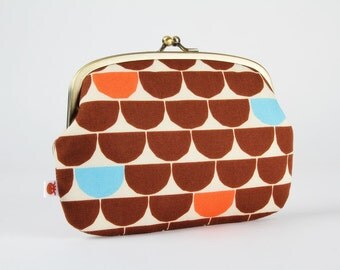 Metal frame purse with two sections - Half dots in brown orange and blue - Maxi siamese / Japanese geometric fabric / Modern graphic