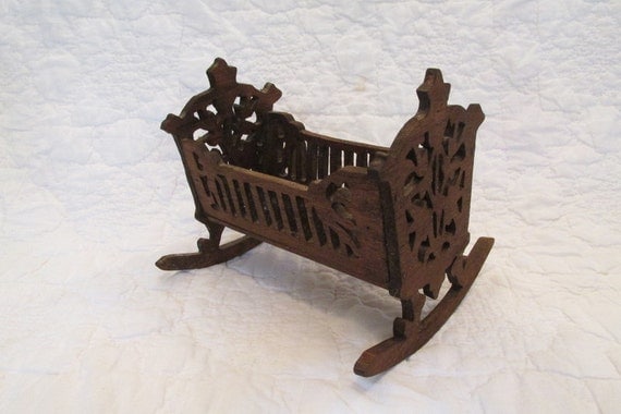 Antique Small Doll Cradle Ornate wood