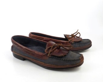 Cole Haan Moccasins Vintage 1980s Navy Blue Brown Leather Oxford Boat Shoes women's size 9