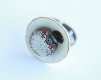 Chocolate Fondant Ring - Miniature Food Jewelry - Polymer Clay Jewel - Chocolate Cake on Porcelain Plate - Dollhouse Miniature 1:12 scale