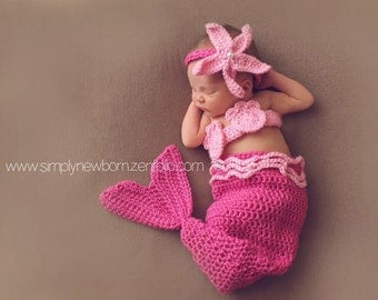 Pink Newborn Mermaid Baby Costume, 0 to 3 month Baby Mermaid Photo Prop