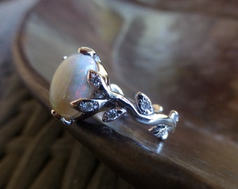Opal leaf engagement ring. 14k white gold opal ring with diamonds. Opal and leaves diamond ring.