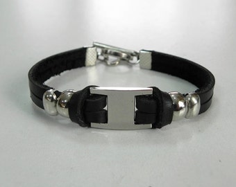 Black Leather Bracelet Leather Cuff Two Strand Leather