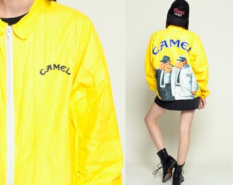 Tyvek Jacket CAMEL CIGARETTES 90s Windbreaker Camel Joe Smoker Plastic Grunge Coat Bright Vintage Hipster Smoking Yellow Extra Large XL
