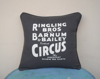 Circus Sideshow grey silk screened 16" x 16" throw pillow cover - circus decor, boho, decorative pillow cover, grey pillow, 40 cm x 40 cm