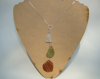 Fall Necklace - Amber, Olive Green, White Sea Glass Necklace - Sterling Silver Wire Wrapped Autumn Necklace