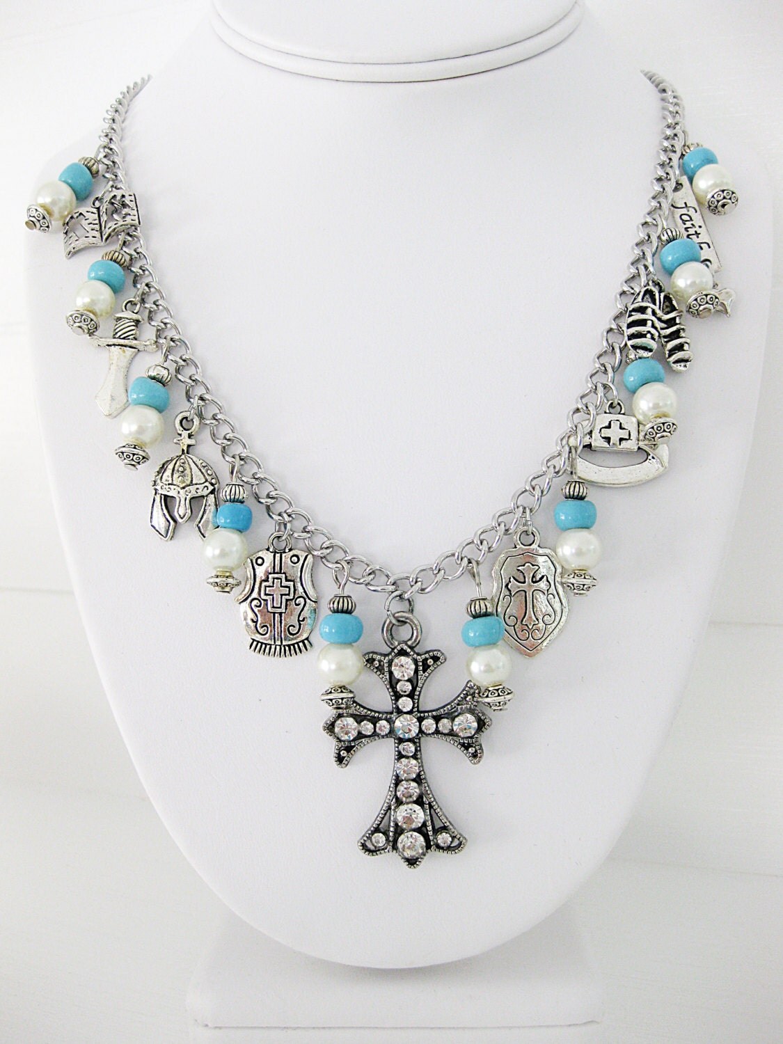 Rhinestone Cross Necklace Armor of God Jewelry Christian