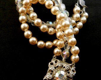 1940s wedding in Venice glamorous 3 strand ivory pearls and AB crystals bracelet ,gleaming silver filigree clasp -- Art.913/3-