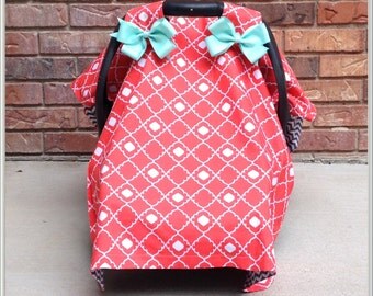 Car Seat Cover / Carseat Canopy - Neon Coral Geometric with Mint Bows