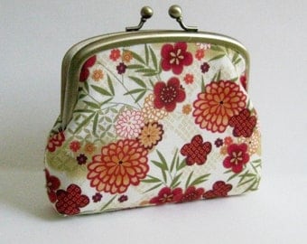 Double Frame Purse with Red, Orange Gold Asian Flowers