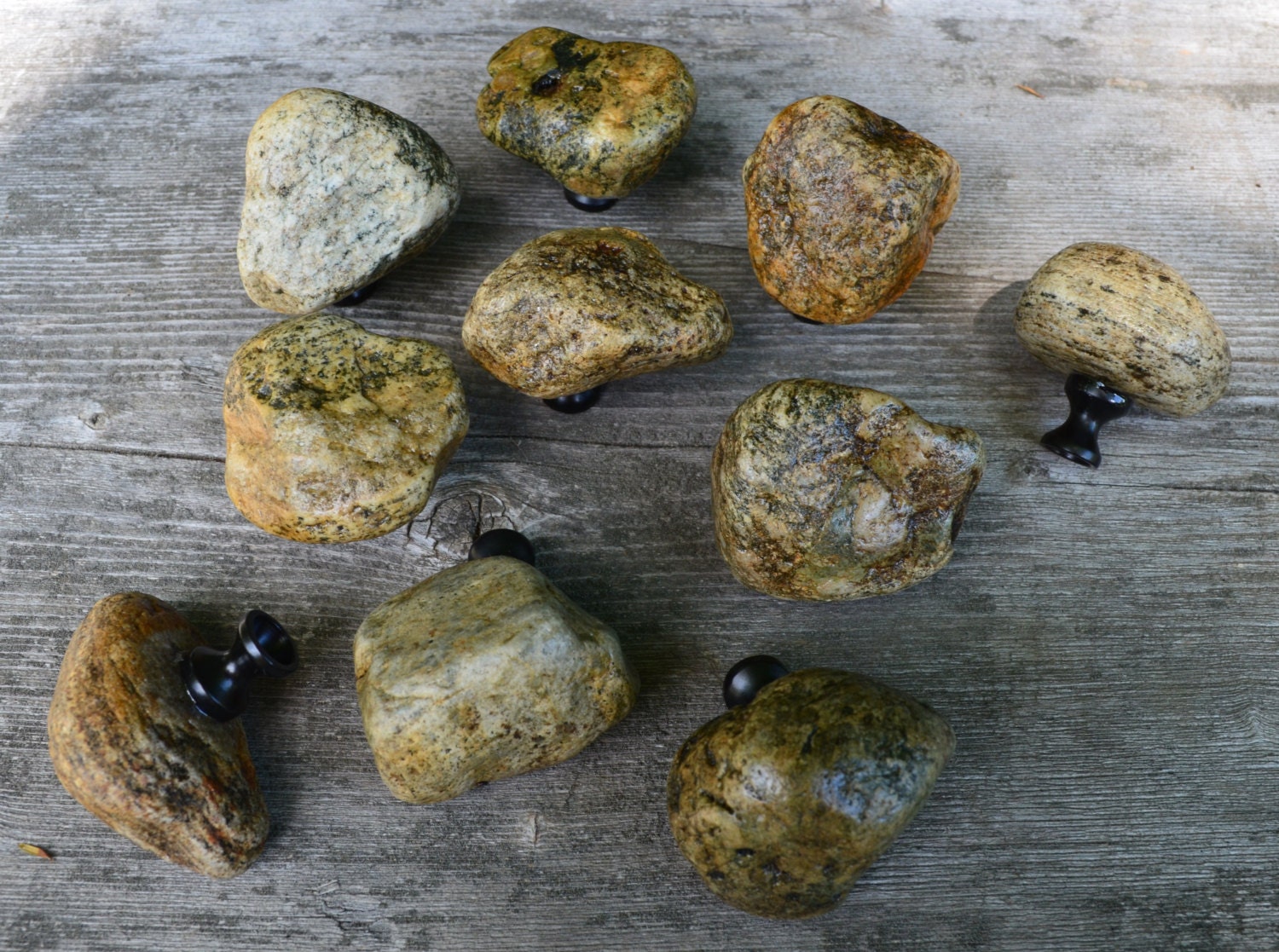 River Rock Stone Knobs Pulls Handles Olive Green Brown