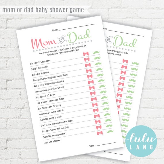 Printable Mom or Dad Custom Baby Shower Trivia Game Coral