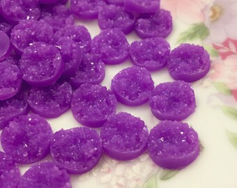 Purple Druzy Cabs, Bumpy Faux Gemstone Cabochons, Small Round 12mm Resin Flat Backs, Sparkling Drusy Cabs, (10)