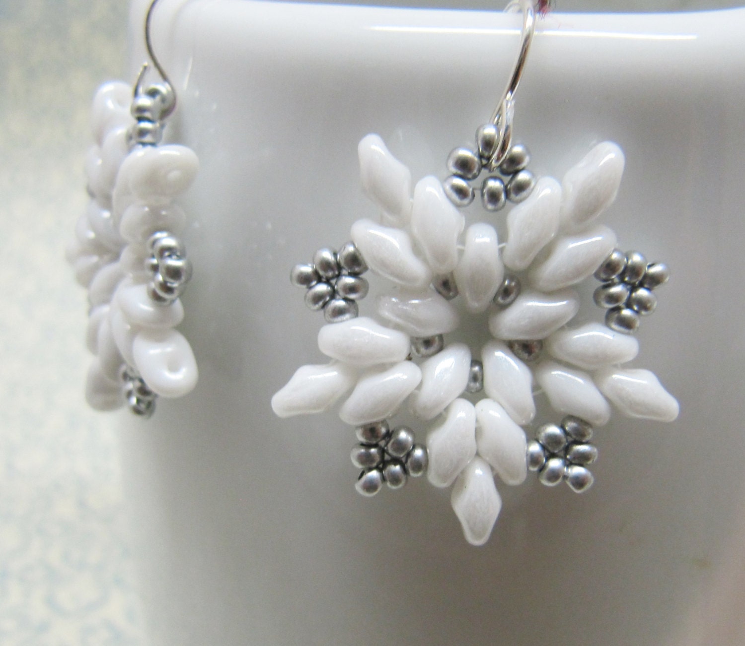 Download Silver and White Snowflake Earrings Beaded Snowflake Earrings