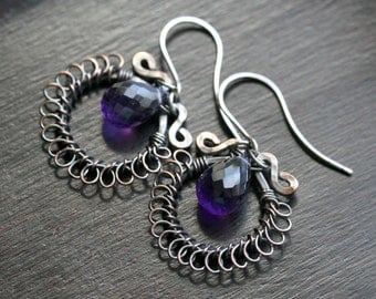 Amethyst teardrop earrings, dangle, purple, oxidized copper, wire wrapped, drop earrings, Mimi Michele Jewelry