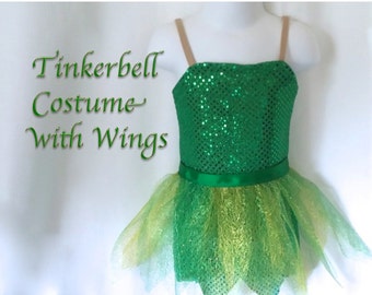 2T/3T Tinkerbell-inspired Fairy Costume Green sparkle with Leaf Skirt and Fairy Wings