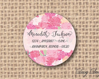 Round Return Address Labels with Pink Peony Background - 96 self-sticking labels