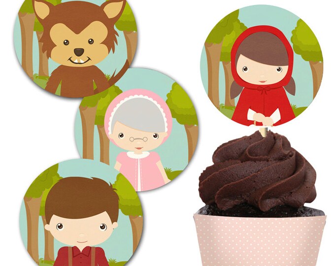 Little Red Riding Hood 2 inches Party Circles Cupcake Topper and Wrap - Instant Download - Print Your Own