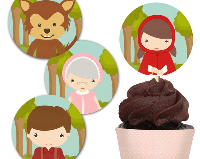 Little Red Riding Hood 2 inches Party Circles Cupcake Topper and Wrap - Instant Download - Print Your Own