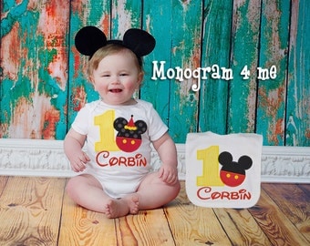 Mickey Mouse birthday shirt bodysuit Set, Birthday Bib