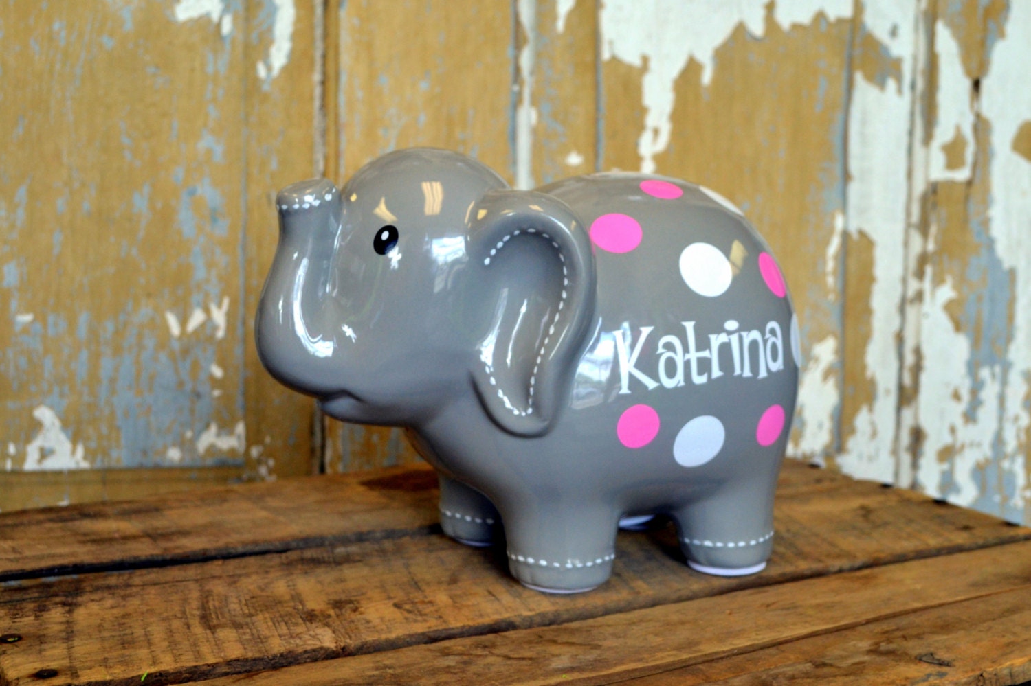 GREY Large Ceramic Elephant Piggy Bank Personalized