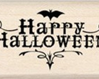 Happy Halloween With Bat - Rubber Stamp - Inkadinkado wood mounted rubber stamp Halloween Rubber Stamp Bat scrapbooking card making stamp