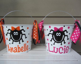 Halloween bucket: Personalized Halloween bucket pail - girly spider design - trick or treat