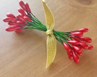 Red Holly Berries, Pip Flowers, Wired Millinery Flower Stamen, Christmas Pip Berries, 24 Double Tipped Pieces