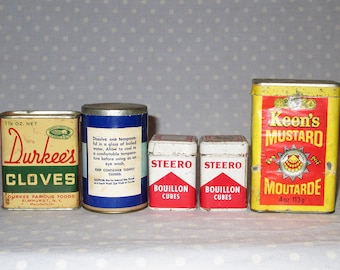 Lot of 5 Vintage Spice Tin Box - Schilling Durkees Steero Keens Mustard Atlas Boric Acid Cloves Bouillon Cubes