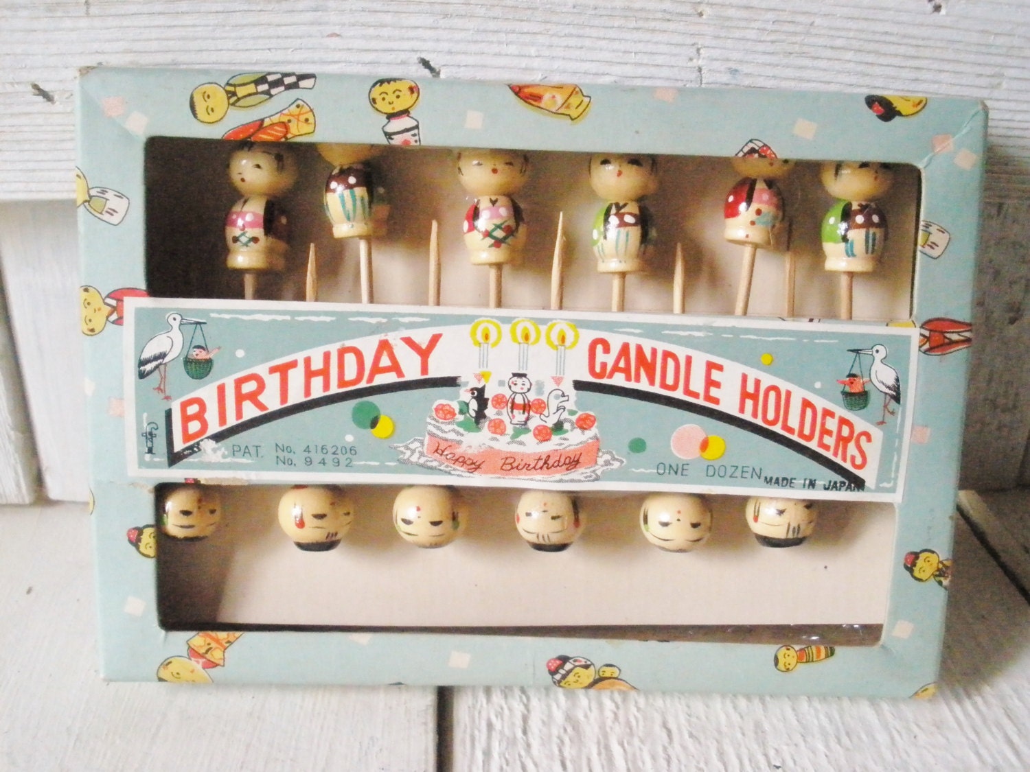 12 vintage birthday candle holders wood Japanese child figures