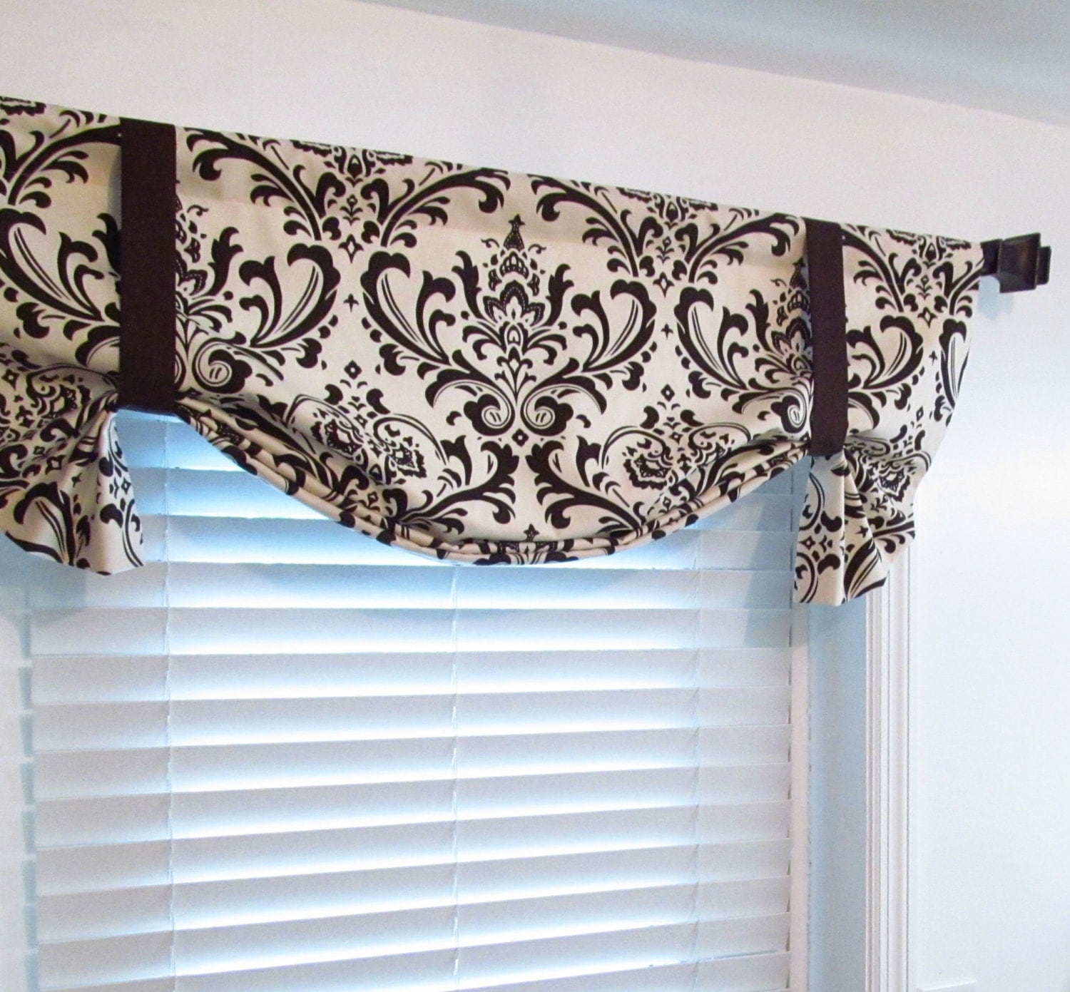 Tie Up Lined Valance Natural Brown Damask/ Custom Sizing