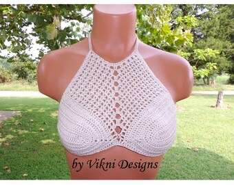 High Neck Bikini Top, Crochet Halter Bikini Top in Natural by Vikni Designs