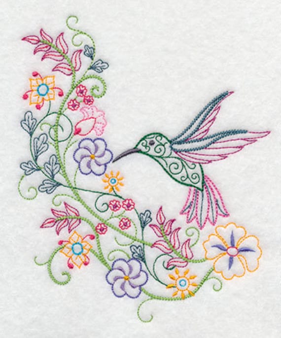 Hummingbird Flourish Embroidered Flour Sack Handdish Towel 
