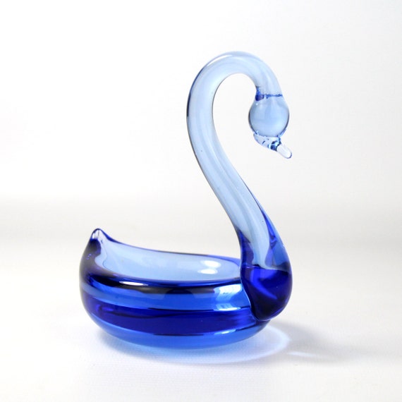 Vintage Hand Made Blue Glass Swan Trinket Dish By Retromojo