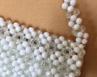 Mod lucite purse boho shoulder bag clear and white faceted lucite beads