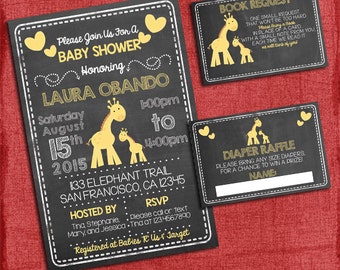 Giraffe Baby Shower Set -Invite + Diaper Raffle Ticket + Book Request - Chalkboard Style - I design you print