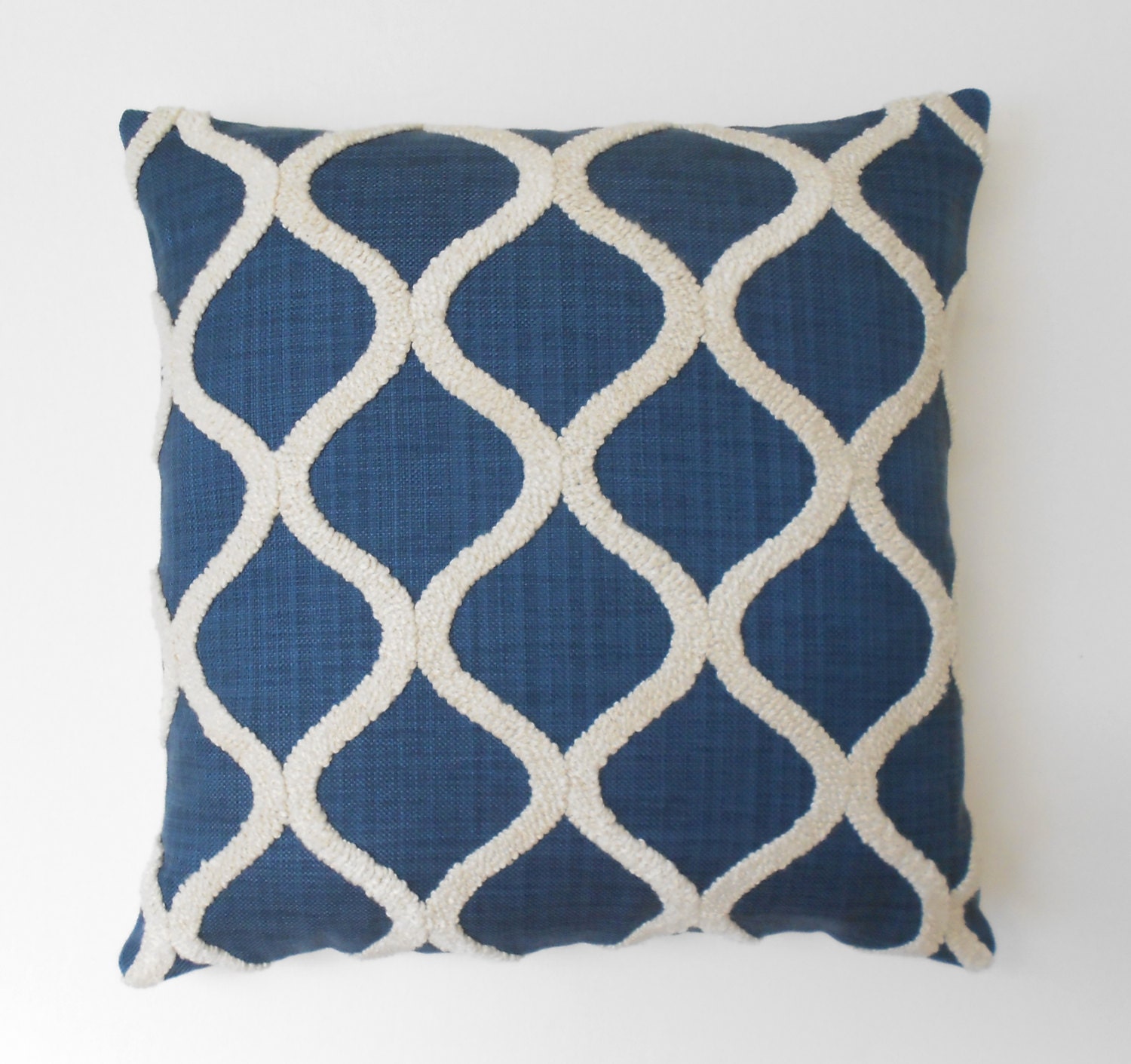 Navy blue embroidered tufted trellis decorative pillow cover