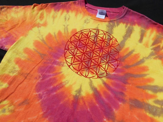 Flower of Life Screen Print Fire Tie Dye Large Shirt 354