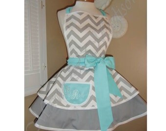 Chevron Print Accented with Aqua Blue Womans Retro Apron With Tiered Skirt And Bib, Featuring Monogrammed Pocket