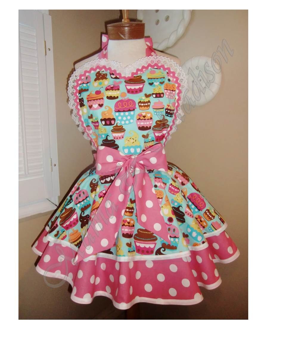 Cupcake Print Womans Retro Apron Accented With Pink And 4260