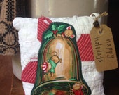 SALE~Merry Christmas~ Snowman mice on a Bell Tuck~Winter Decor~ Primitive Christmas~ Vintage Quilt~ Red White Green~ Prim