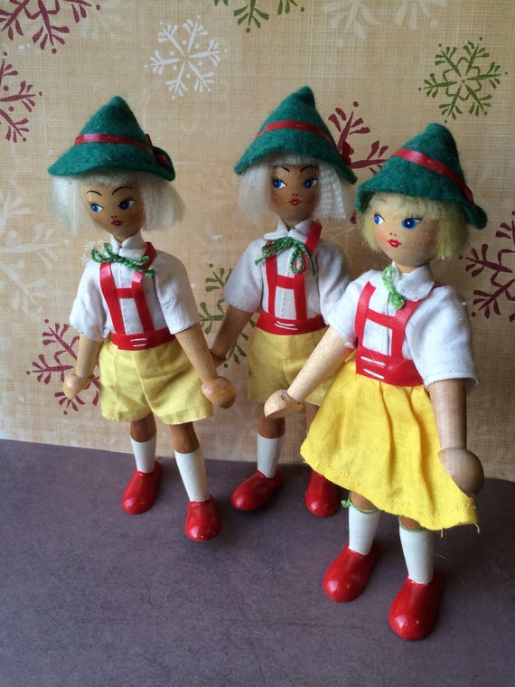 Vintage Wood Dolls Made in Poland Set of Three Folk Art Dolls