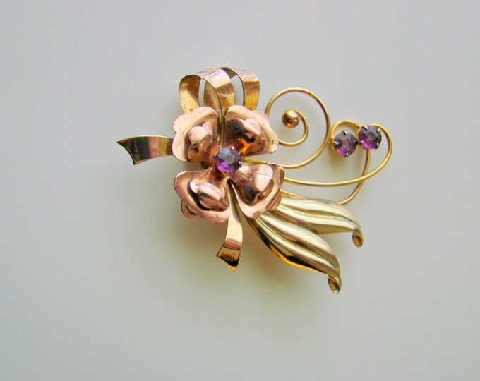 1940s ISKIN Amethyst Floral Brooch / Designer Signed / Retro / 10K Gold Filled / Rose & Green Gold / Vintage Jewelry / Jewellery